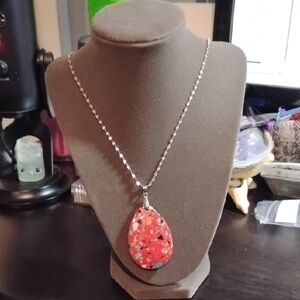 30" Silver Tone Diamond Cut Chain Red Teardrop Stone Pendant Fashion Jewelry